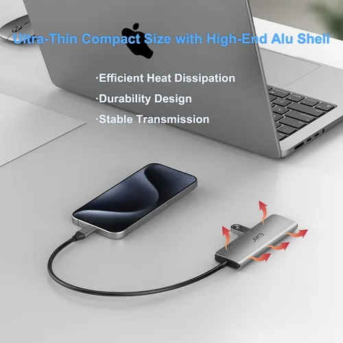 Vista 3 de Adaptador de concentrador USB C 4 en 1, divisor USB 3.0 de aluminio de 4 puertos con transferencia de datos de 5 Gbps para MacBook Pro/Air, iPad