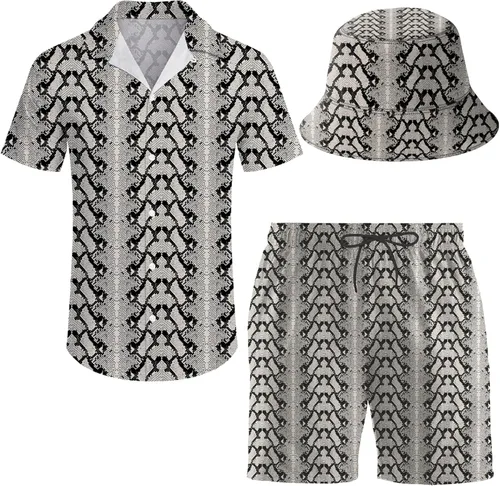 Vista 33 de Conjunto deportivo de 2 piezas para hombre, camisa hawaiana, pantalones cortos, camisa con botones y pantalones cortos con sombreros de pescador