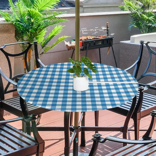 Vista 2 de Fitted Round Tablecloth with Umbrella Hole and Zipper Buffalo Plaid Outdoor Elastic Table Cloth 36"-44" Oil-Proof Waterproof Moroccan Patio Table