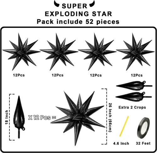 Vista 2 de FUNTOOB Globos de estrella negra, globo metálico de papel de aluminio, globos de cono negro, globo con forma de estrella en explosión