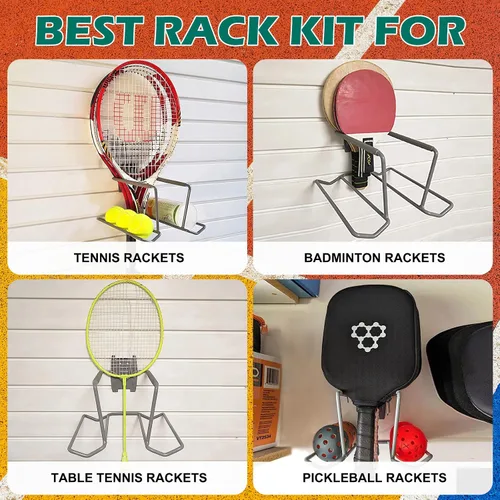 Vista 2 de Aolamegs Soporte para raqueta de tenis de metal para montaje en pared, de acero resistente, soporte de almacenamiento para raqueta de bádminton