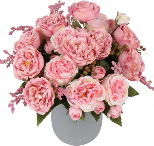Vista 21 de Flores artificiales de seda, ramo de peonías sintéticas beige, 4 paquetes de arreglos florales para decoración de casa de campo, centro de mesa