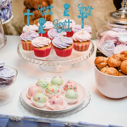 Vista 5 de Gyufise 24 piezas de decoración de cupcakes con purpurina azul que Dios bendiga y cruz, decoración de pastel para baby shower, bautismo, fiesta