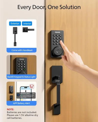 Vista 8 de Cerradura inteligente Wi-Fi Philips con cerrojo de puerta y manija, juego de cerradura de puerta sin llave para puerta delantera, cerradura