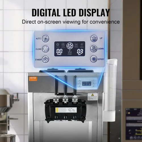Vista 3 de Máquina comercial de helado de servicio suave de 1850 W, 3 sabores, 5.5-8.2 galones/hora, limpieza automática, panel LCD, acero inoxidable