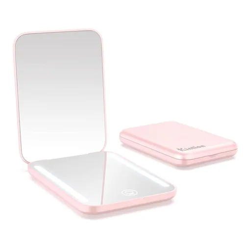 Vista 13 de Kintion Espejo de bolsillo recargable, espejo de tocador compacto de doble cara con aumento 1X/3X, 3 luces de color, regulable, pequeño espejo