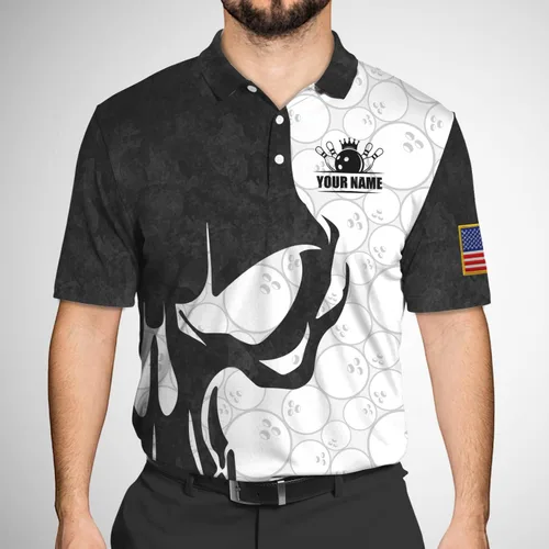 Vista 4 de Camiseta polo de boliche personalizada para hombre, bola de bolos y alfileres de bandera americana, camiseta básica de golf My Bowling Artículo