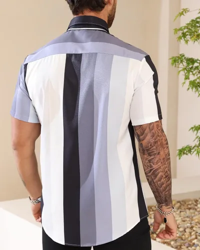 Vista 5 de Uni Clau Camisas de vestir de manga corta para hombre, camisas de moda con botones y estampado a rayas