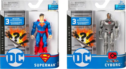 Vista 2 de DC Comics, Superman y Cyborg - Figura de acción de 4 pulgadas, paquete de 2 con 6 accesorios misteriosos, Adventure 1
