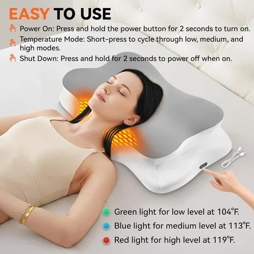 Vista 5 de Almohada cervical térmica para aliviar el dolor de cuello, almohada ortopédica de espuma viscoelástica ergonómica para soporte del cuello