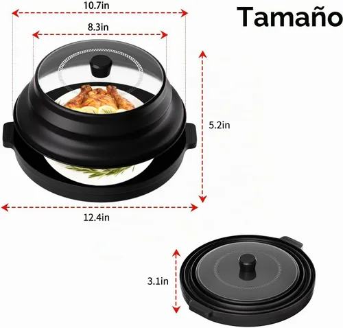 Vista 7 de Cubierta 2 en 1 para salpicaduras de microondas para alimentos con placa base antiquemaduras, tapa grande de plástico y silicona plegable con Negro
