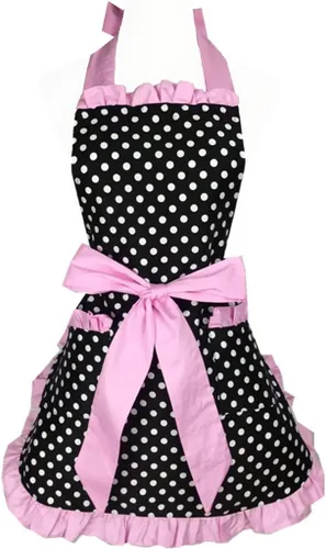Vista 14 de Hyzrz Lindo delantal retro negro de lunares retro con volantes laterales vintage delantales de cocina con bolsillos para mujeres y niñas (lado azul)