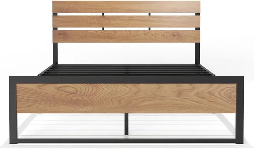 Vista 4 de BONSOIR Base de cama tamaño Queen con plataforma de acero estable con cabecero de madera/estribo, no necesita somier, fácil montaje, sin chirridos