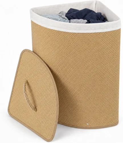 Vista 11 de GOFLAME Cesta esquinera de bambú para la ropa sucia con tapa y forro extraíble, cesta de almacenamiento con asa, adecuada para dormitorio, baño