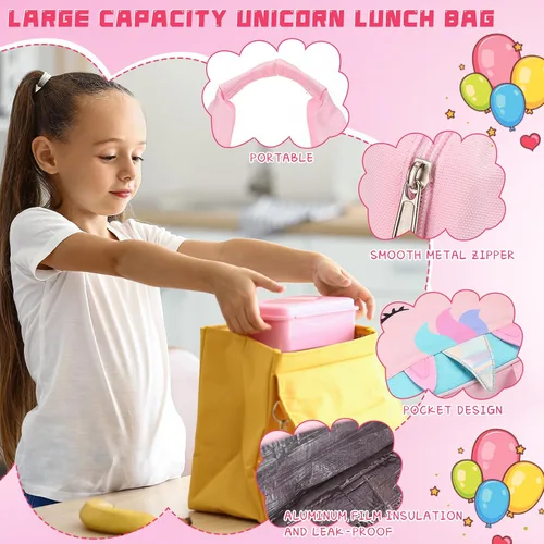 Vista 3 de Lonchera de unicornio para niñas, para guardería, preescolar, bolsa de almuerzo aislada con 4 compartimentos, caja Bento reutilizable, bolsa