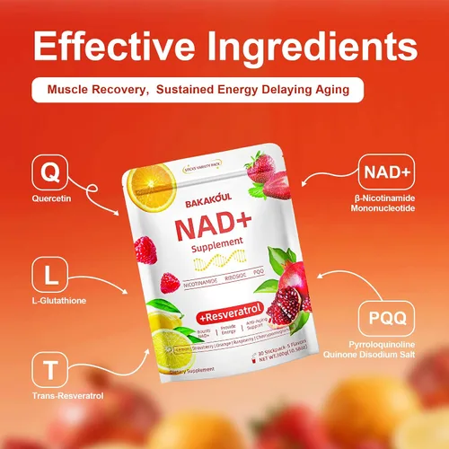 Vista 5 de BAKAKOUL Suplementos NAD para hombres y mujeres, polvo NAD, nicotinamida, ribósida, resveratrol pirroloquinolina liposomal, alternativa