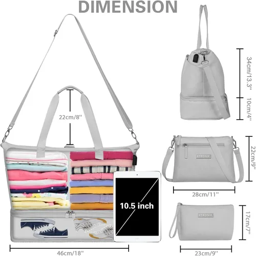 Vista 6 de Bolsa de viaje para mujer, Gris, Juego de bolsas de viaje con puerto de carga USB