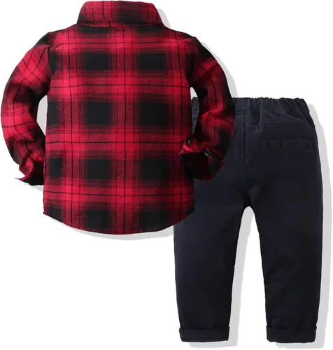 Vista 2 de Kimocat Conjunto de 2 piezas de ropa de manga larga a cuadros y pantalones
