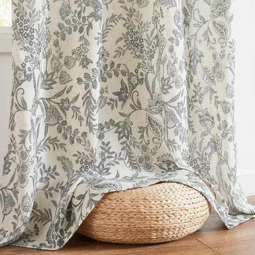 Vista 7 de JINCHAN Cortinas florales de lino para sala de estar, cortinas negras de estilo granja francesa de campo, cortinas de 63 pulgadas de largo, cortinas