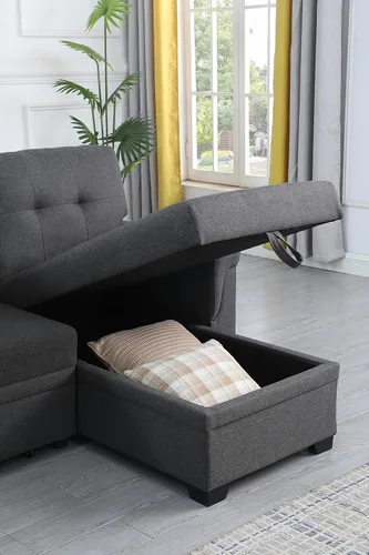 Vista 7 de Sofá cama modular convertible en forma de L de 84 pulgadas, sofá esquinero reversible tapizado de lino, sofá para 3 personas con diván