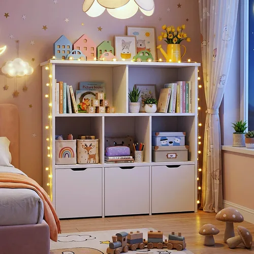 Vista 9 de Teckid Organizador de almacenamiento de juguetes con 3 cajones móviles y 5 cubos abiertos, estantería para niños y armario de almacenamiento