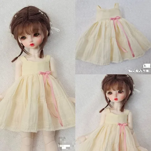 Vista 2 de Ropa de muñeca BJD de 4 piezas, vestido de 1/6 de 12 pulgadas, blanco + negro + rosa + falda amarilla