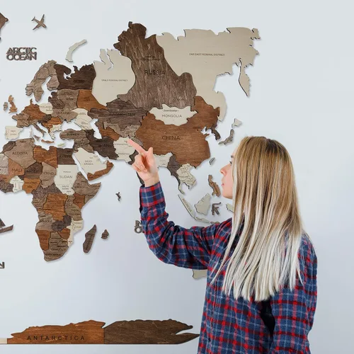 Vista 4 de AWESOMETIK Mapa del mundo de madera 3D multicolor 3D, mapa de madera del mundo, fácil instalación con cinta de doble cara, incluye complementos