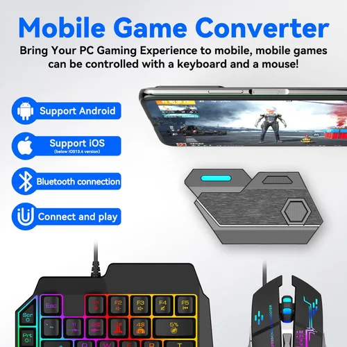 Vista 2 de Gugxiom Combo de teclado y mouse RGB para juegos con una mano, teclado de sensación mecánica de media mano, para móviles, juegos de League of Legends