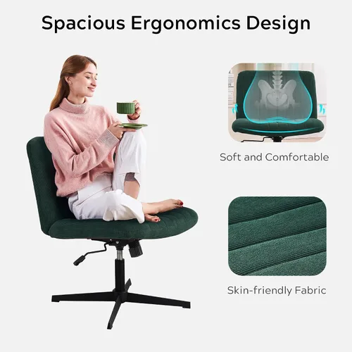 Vista 3 de EYYTHUNG Silla cruzada verde sin ruedas, asiento ancho sin brazos, silla de oficina giratoria de terciopelo acolchado para niñas