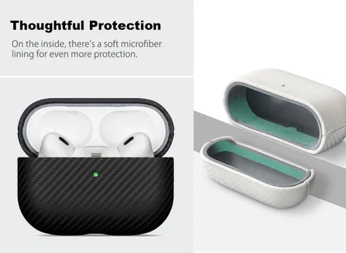 Vista 4 de Haobobro Funda de piel para AirPods Pro 3, piel seleccionada respetuosa con la piel, con textura de fibra de carbono, hecha a mano, funda rígida