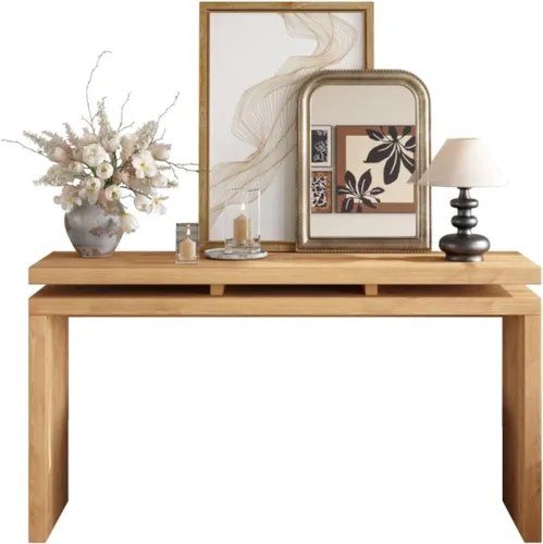 Vista 5 de Mesa de entrada de madera retro de 60 pulgadas, mesa consola de granja natural con diseño de suspensión de doble tablero para sala de estar, fácil