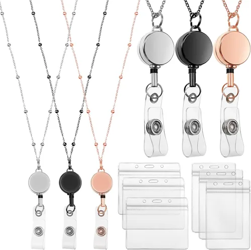 Vista 10 de Zonon Cordón Retráctil con Portaidentificación 3 Piezas Collar de Insignia con Cuentas con 6 Portarjetas Impermeables de Acero Inoxidable ID Negro