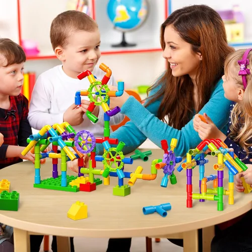 Vista 2 de burgkidz STEM - Bloques de construcción de tubo de aprendizaje para tubo, juguetes sensoriales con ruedas, placa base para todas las edades, niños