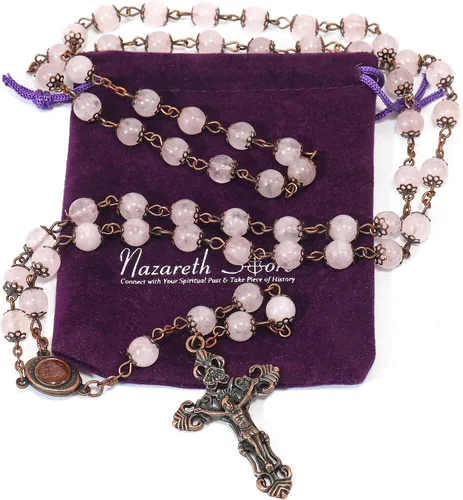 Vista 8 de Nazareth Store Rosario de diseño vintage con cuentas de piedra natural, collar de 0.315 in, medalla de suelo santo y cruz crucifijo rosarios