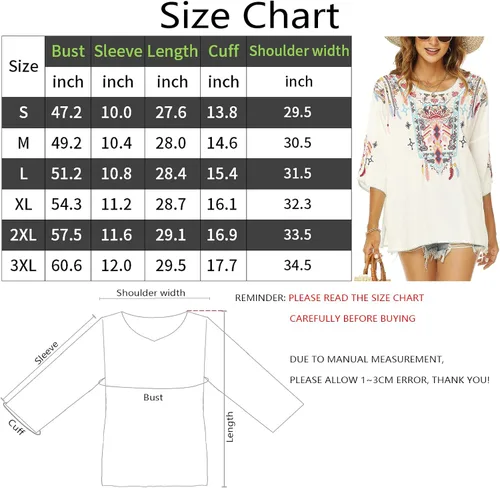 Vista 2 de Vakakado Blusas bordadas mexicanas bohemias para mujer, camisas tradicionales bohemias campesinas de manga 34, ropa hippie, blusa tipo túnica
