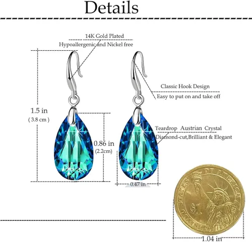 Vista 4 de Aretes de gancho colgantes de lágrima de cristal austriaco para mujer chapados en oro de 14 quilates joyería hipoalergénica Cristal Metal cristal