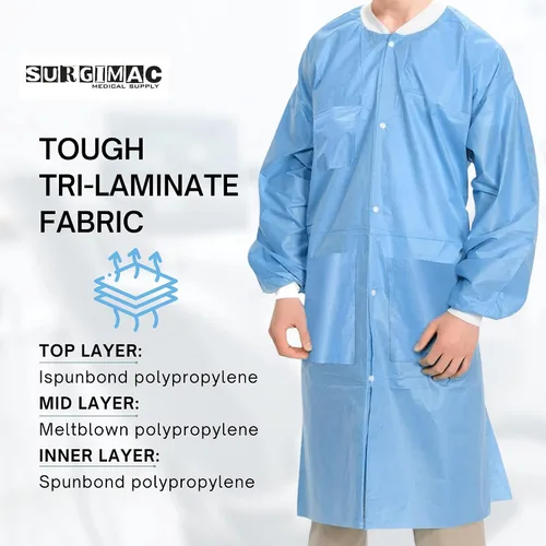 Vista 5 de Abrigos de laboratorio desechables, hasta la rodilla, vestidos desechables SMS, abrigo de laboratorio de química unisex, bata médica desechable