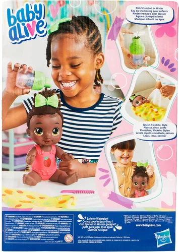 Vista 12 de Baby Alive Shampoo Snuggle Berry Boo Cabello Negro - Juego de muñeca bebé de agua de 11 pulgadas, juguetes para niñas y niños de 3 años en adelante