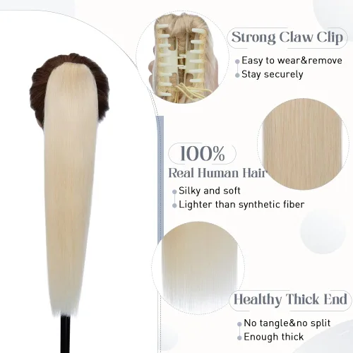 Vista 64 de Rich Choices Extensión de cola de caballo con clip de garra, cabello humano real, una pieza, extensiones de cabello largo Remy para mujer, #18P613