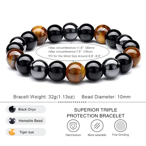 Vista 27 de DHQH Triple Protection Bracelet 8/10MM Hematite Black Agate Tigers Eye Stone Bracelet Crystal Jewelry Healing Bead Bracelets for Men Bring Luck