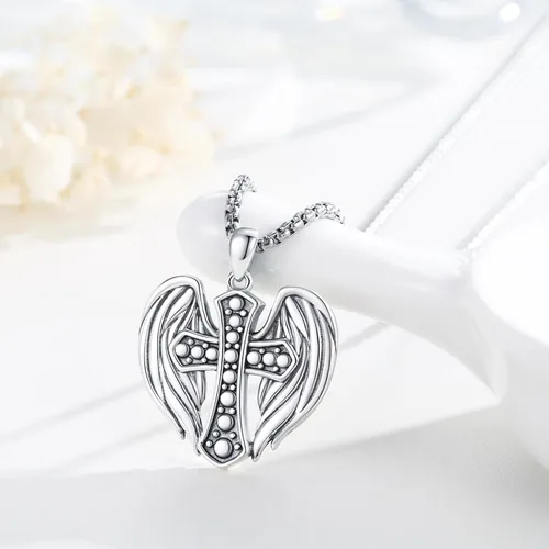Vista 4 de Collar de ala de ángel de corazón de plata de ley, collares con dije de cruz de protección, joyería de cumpleaños, regalos de Navidad para mujeres