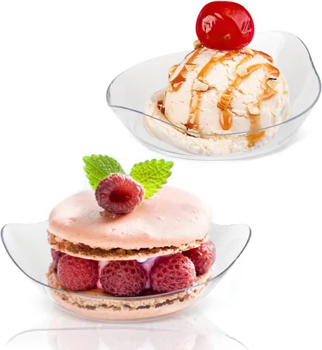 Vista 8 de TOFLEN Mini platos de postre de 100 unidades con cucharas de degustación, 3-1/8 x 2-5/8 pulgadas, pequeños platos de plástico transparente