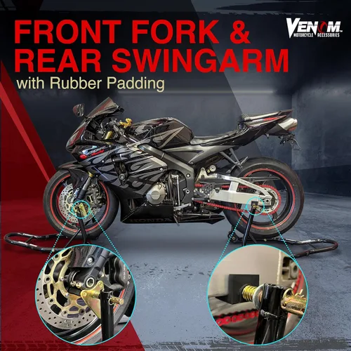 Vista 3 de Venom soporte de paleta frontal y trasera en combo para motocicleta deportiva, soporte para elevación de rueda, soporte de potrero en combo