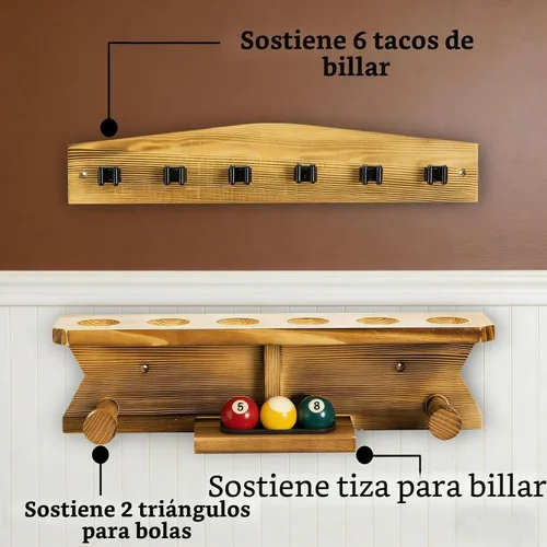 Vista 4 de Pumtus Soporte para palos de billar de montaje en pared, soporte de madera para 6 tacos de almacenamiento y 2 estantes de bolas, estante resistente