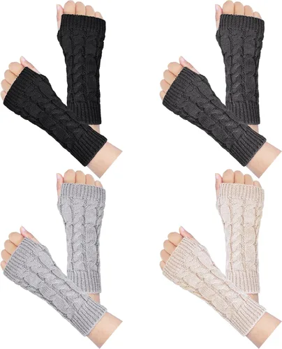 Vista 13 de Loritta Guantes sin dedos para mujer, calentadores de brazos con orificio para el pulgar de invierno de punto y ganchillo A1-beige/gris claro/gris