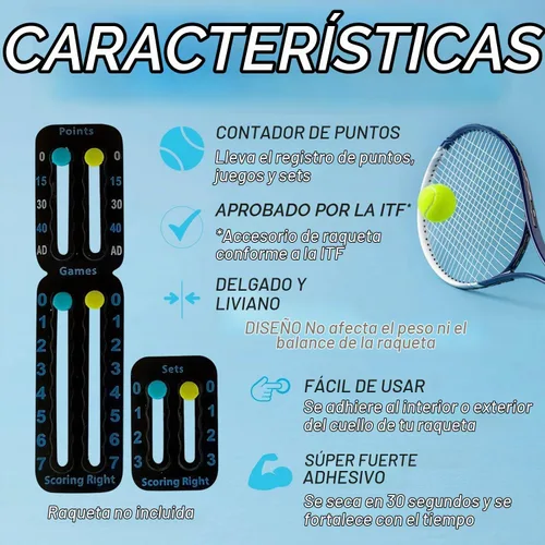 Vista 4 de Scoring Right Portable Tennis Racket and Padel Scorekeeper, Easily Mounted Small Score Board to Keep Score of Points, Games, and Sets, ITF