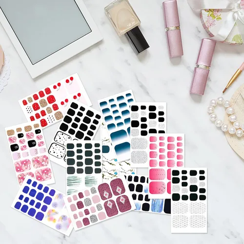 Vista 7 de 20 Hojas 440 Piezas Adhesivas Autoadhesivas para Uñas de Dedo del Pie, Láminas Completas para Mujeres y Niñas, Calcomanías de Uñas con Gradiente