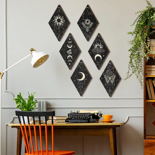 Vista 5 de Qunclay 6 piezas de decoración de pared de fase lunar negro dorado fases solares bruja, mariposa gótica, arte de pared de 11.8 x 6.7 pulgadas
