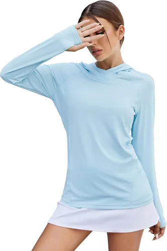 Vista 23 de LUYAA - Sudaderas con capucha para mujer, protección solar UPF 50+, transpirables, elásticas, para senderismo, manga larga, para correr Beige
