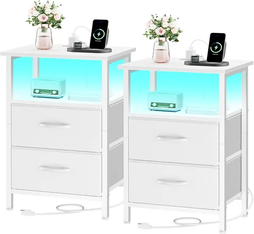 Vista 11 de Vagusicc Nightstand with Charging Station, End Table Bedside Table with 2 Fabric Drawers, Black Night Stand with USB Ports & Outlets, 24.2" Tall Bed